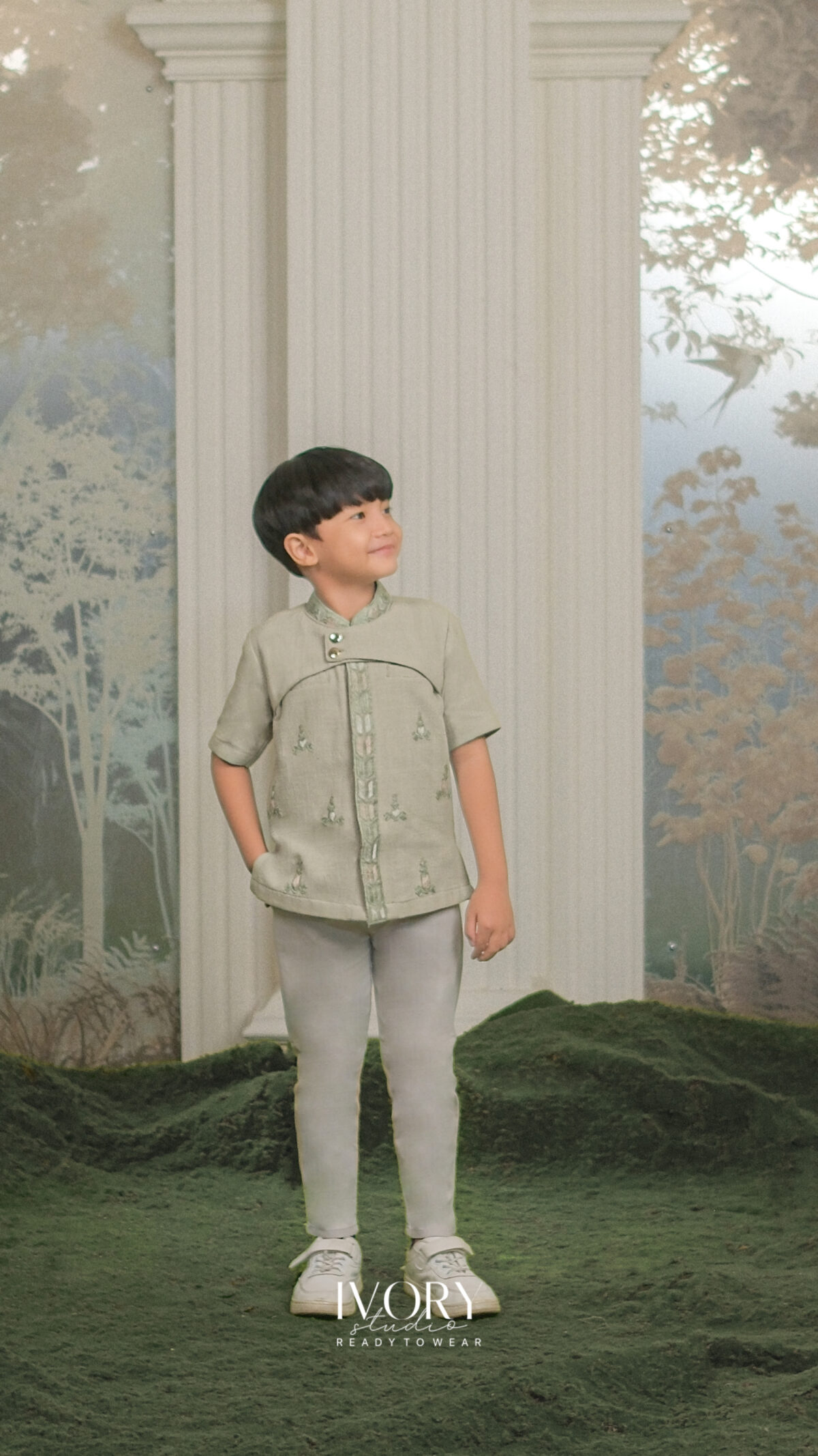 Here & There Kids | Dona Dress with Sartre Shirt in Sage - Image 3