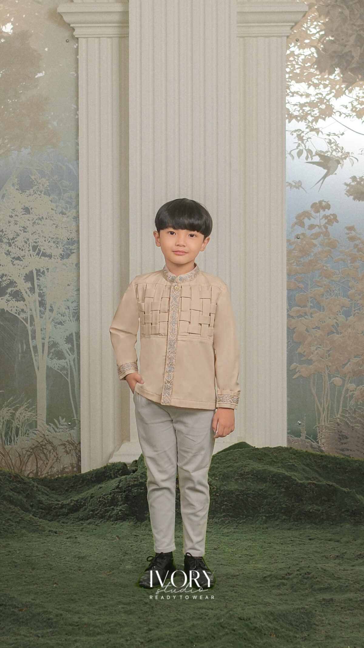 Here & There Kids | Darlene Dress with Rosseau Shirt in Beige - Image 3