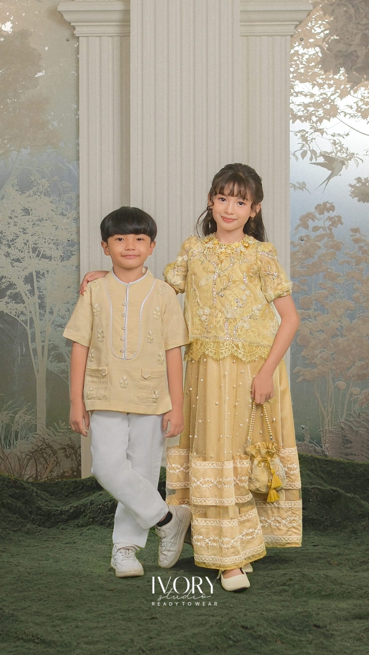 Here & There Kids | Mina Top & Skirt with Rand Shirt in Irish Yellow