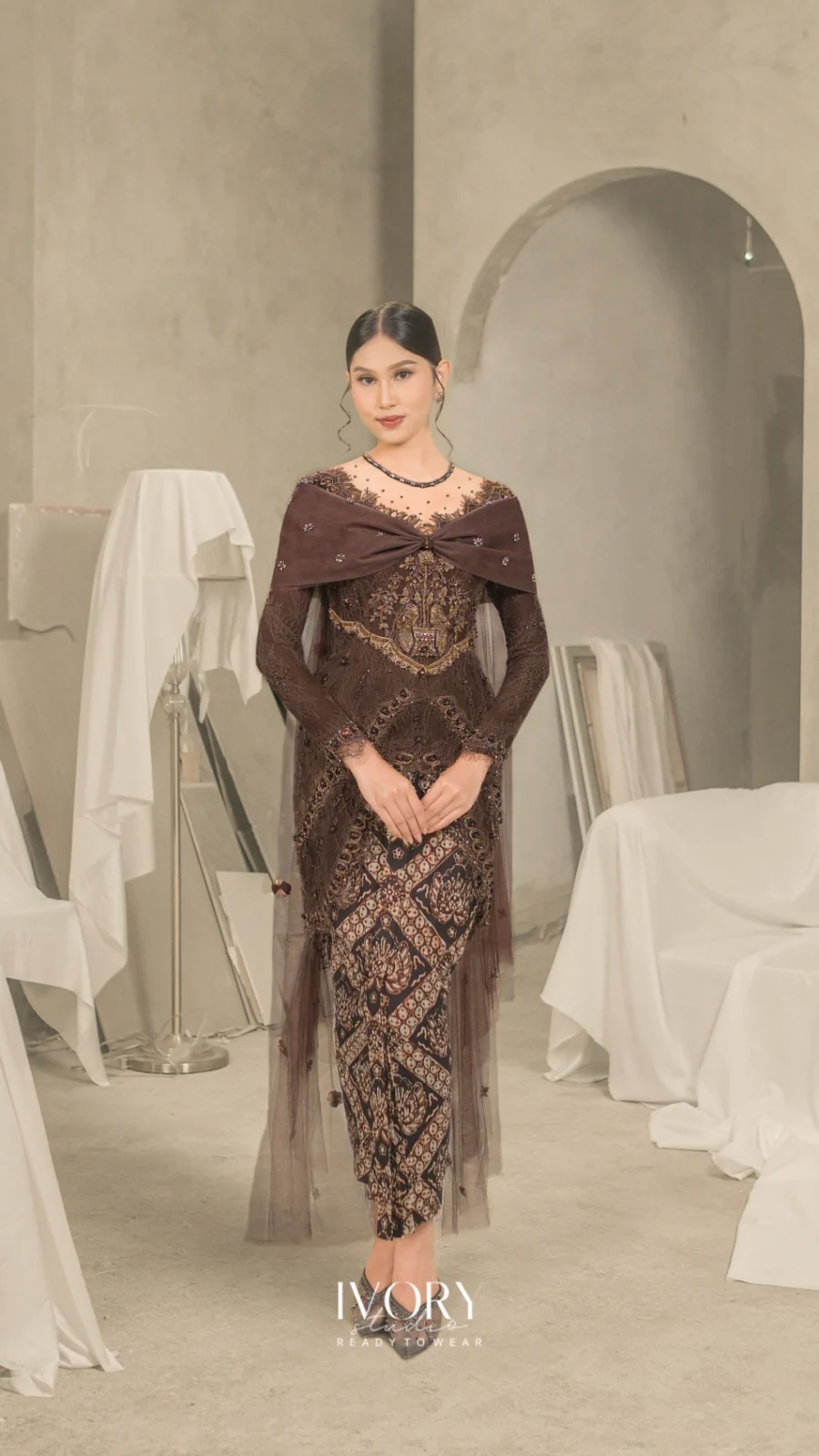 Amara | Coffee Bean Butterfly Bow Cape Kebaya with Lovebird Embroidery