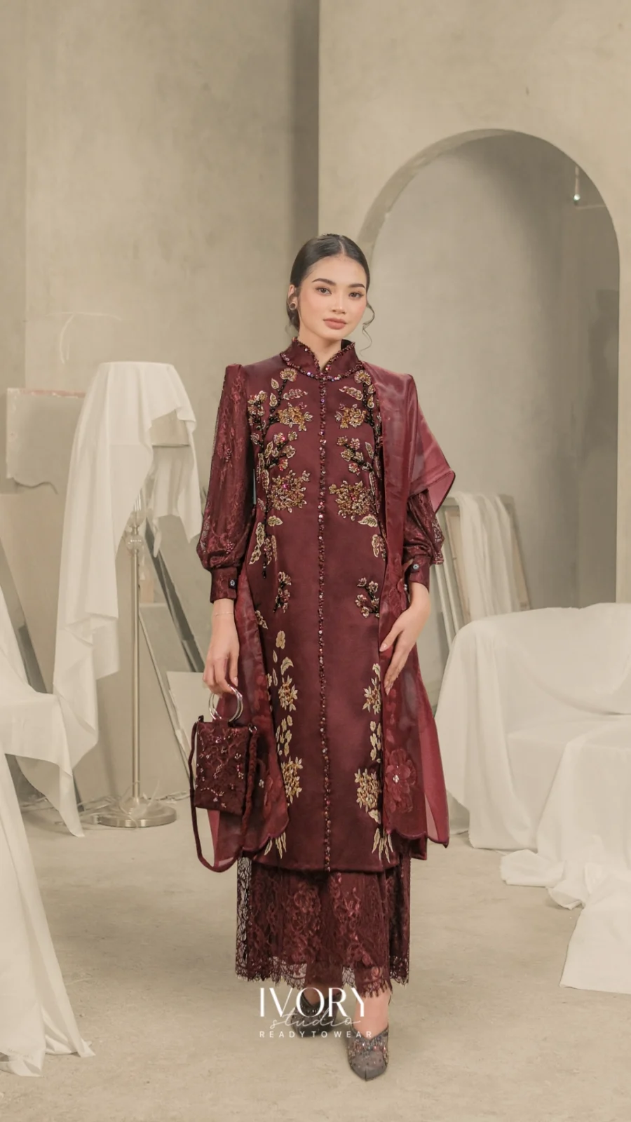 Prasatti | Bell Plummery Dress in Burgundy