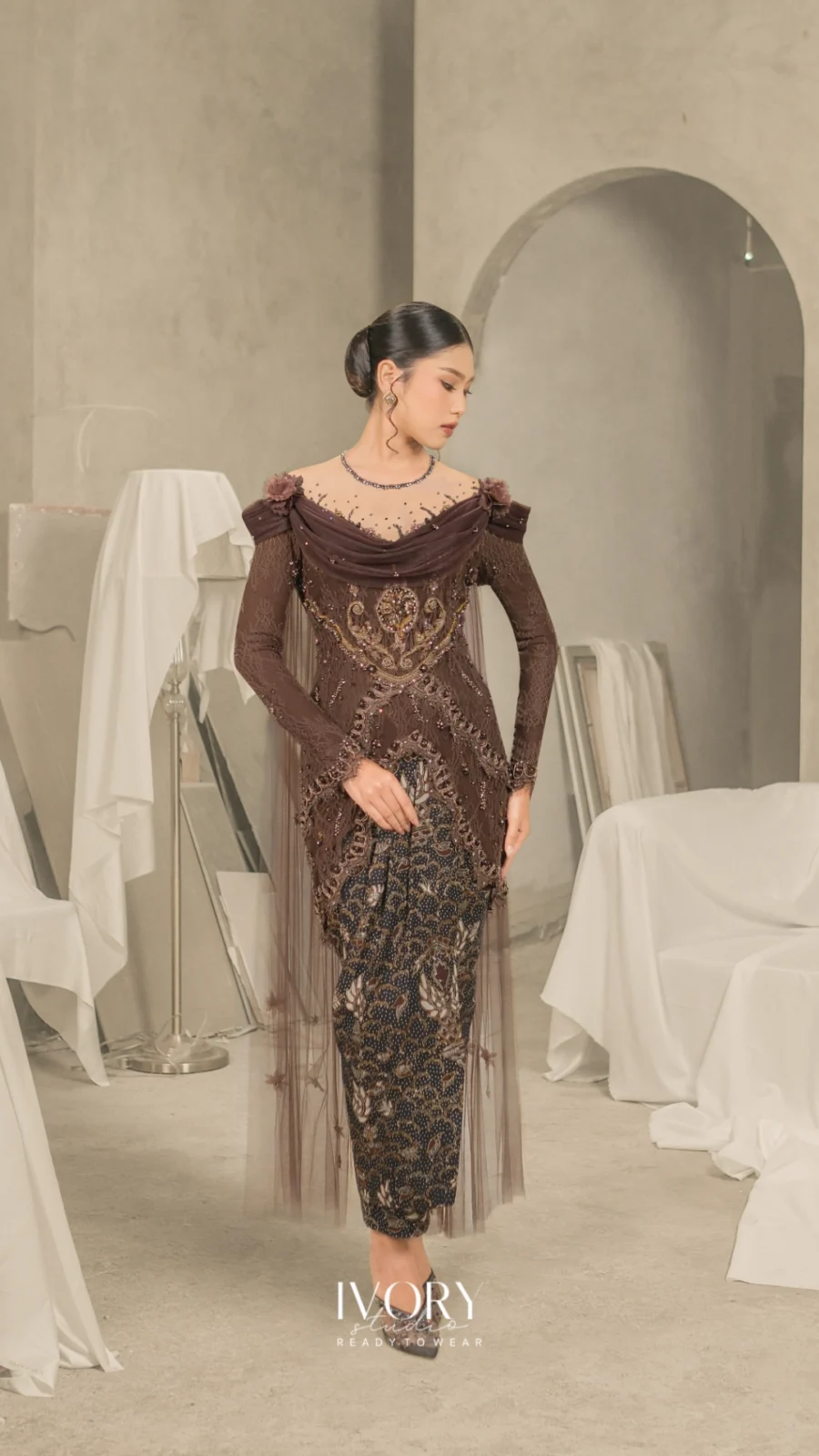Amara | Coffee Bean Floral Medal Kebaya with Swaying Drape