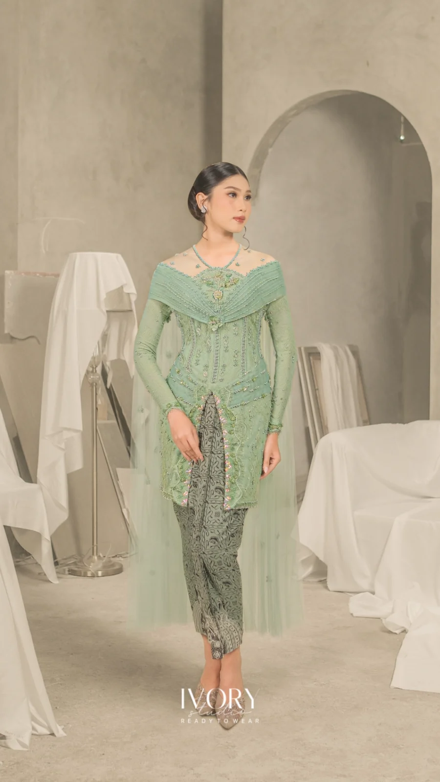Jivva | Arunika Kebaya with Cascading Eclipse Torso in Seafoam Green