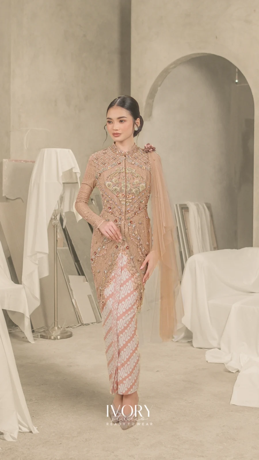 Mocca Flower Basket Kebaya with Contoured Waist Embroidery