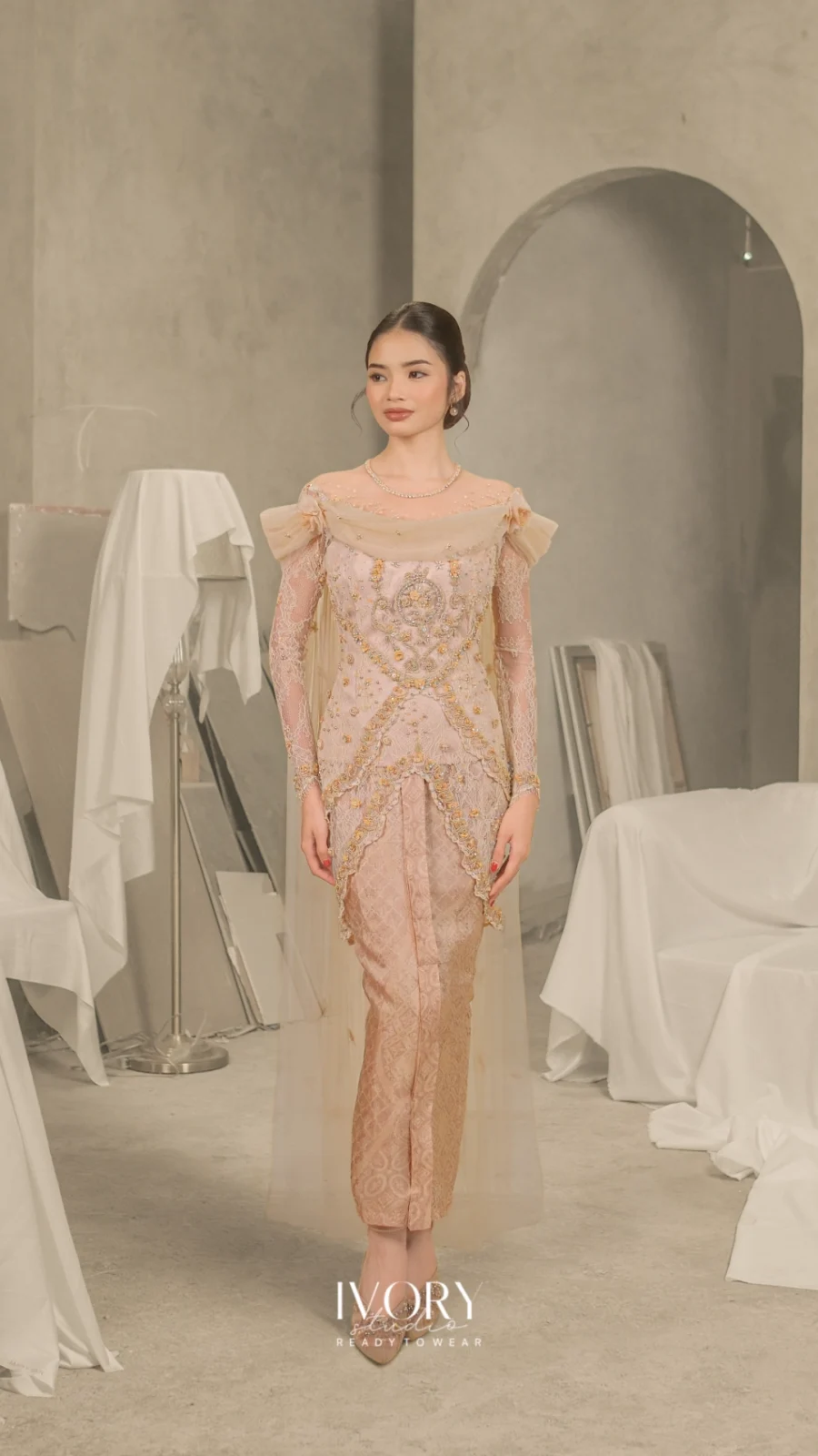 Amara | Beige Floral Medal Kebaya with Swaying Drape