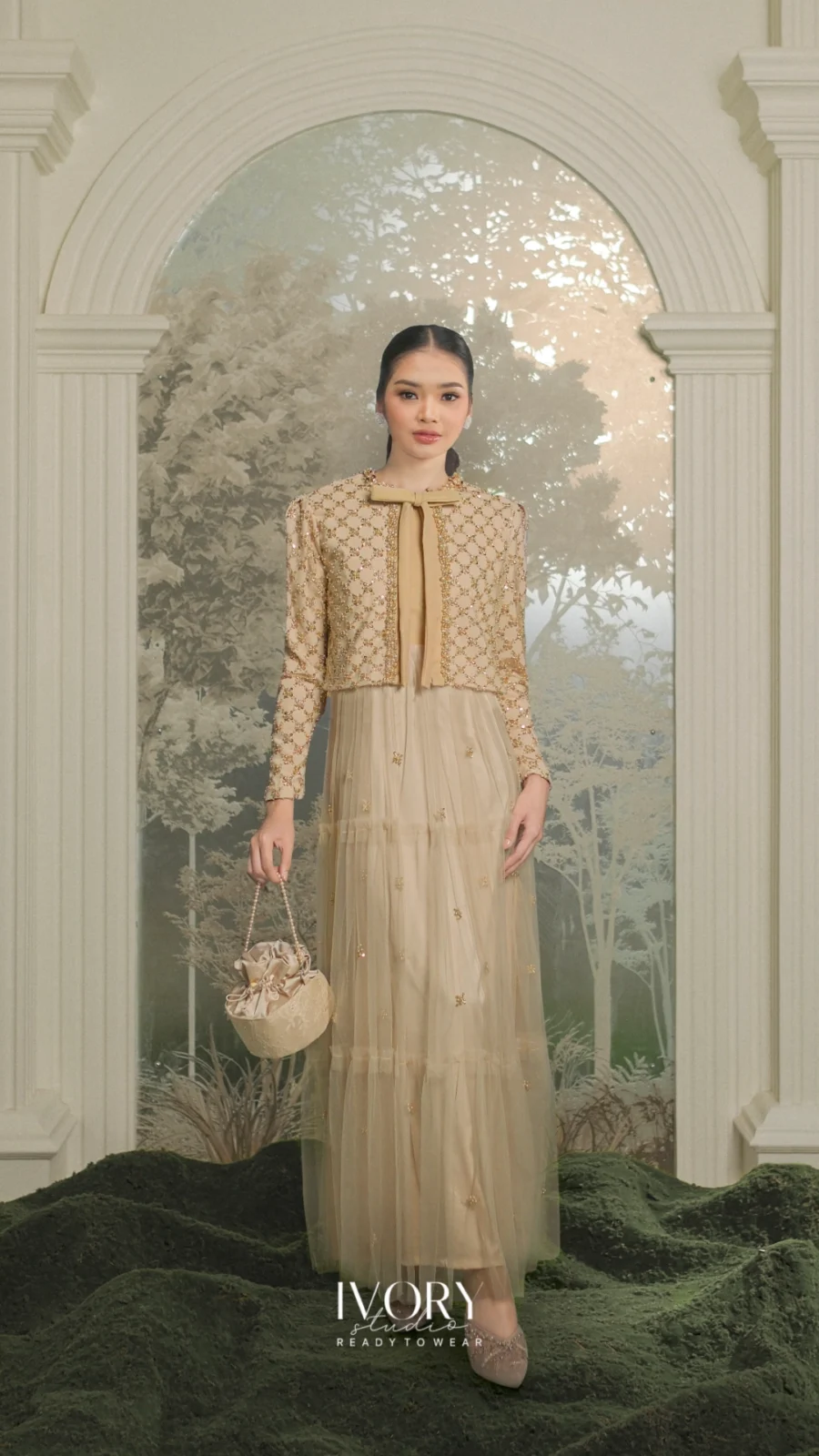 [Ready Stock] Here & There | Darlene Bejeweled Dress in Beige