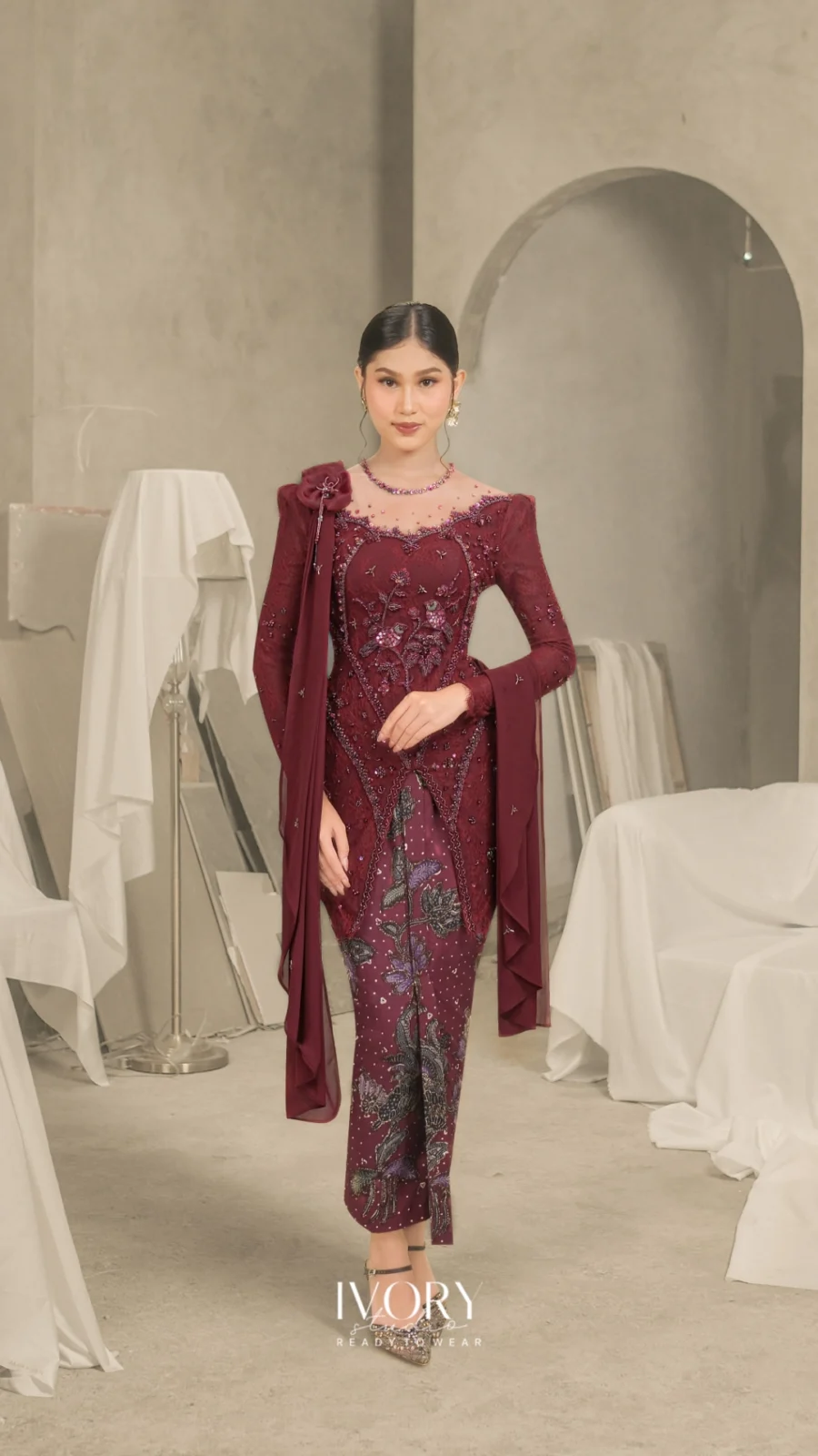 Hum of Hearts | Canary Chirping Bliss Kebaya in Burgundy