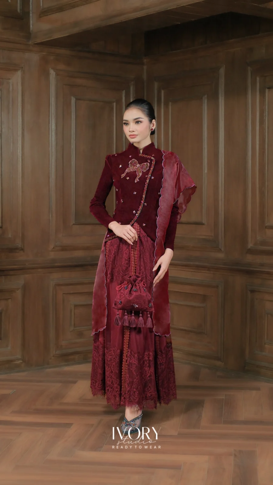 Make Classic Great Again | Gendhis Janggan Velvet Dress in Burgundy