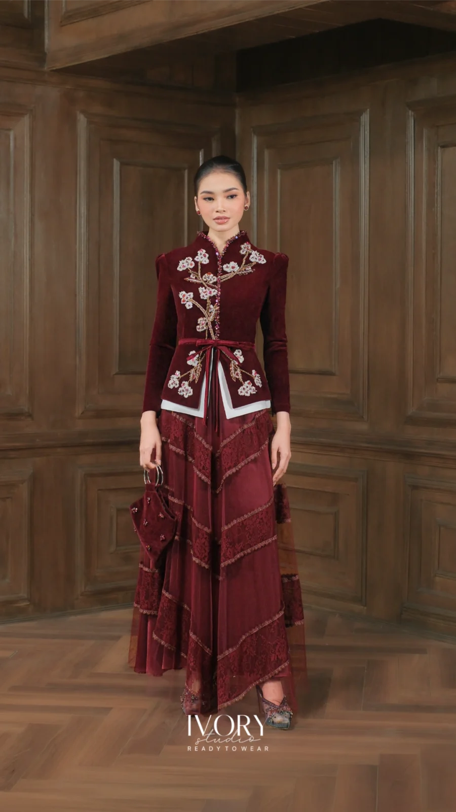Make Classic Great Again | Giri Cotton Fluff Velvet Dress in Burgundy