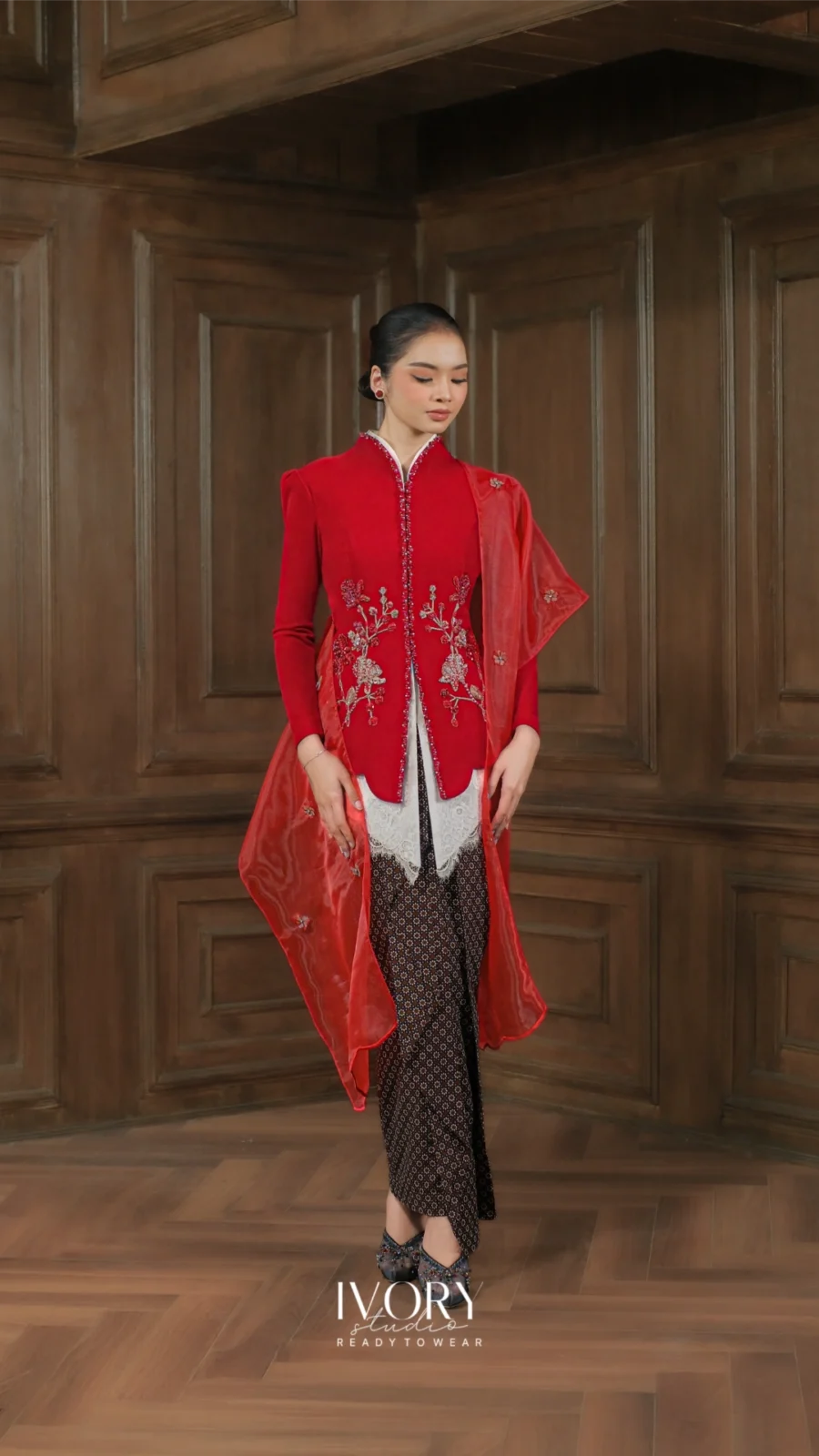 Make Classic Great Again | Natuna Mythic Rhythm Velvet Kebaya in Cherry Red on White