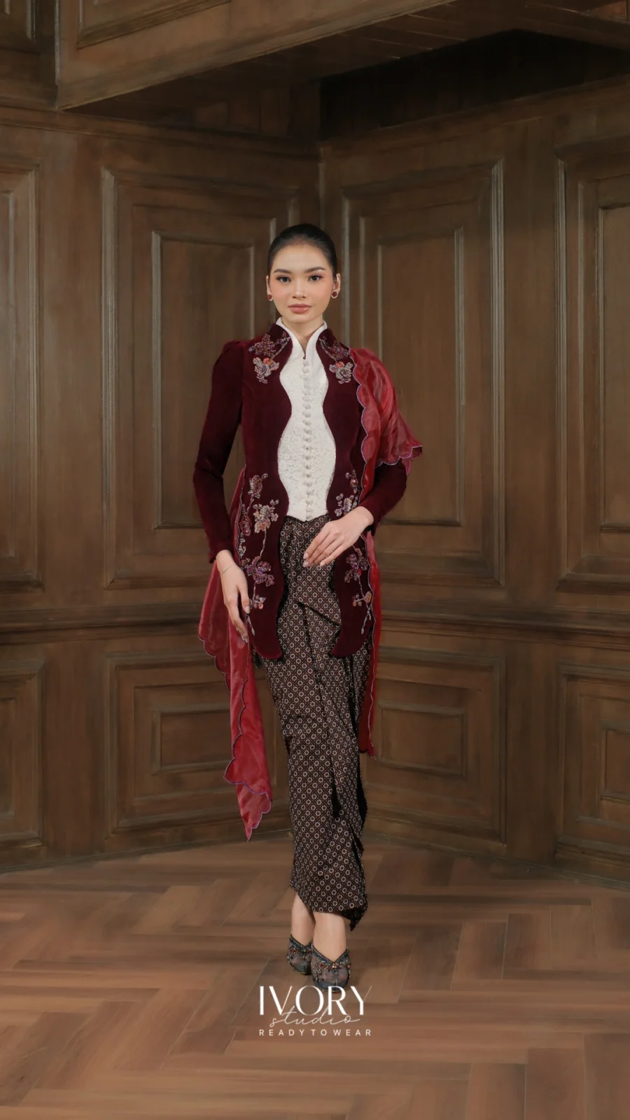 Make Classic Great Again | Bintan Moontide Grace Velvet Kebaya in Burgundy White