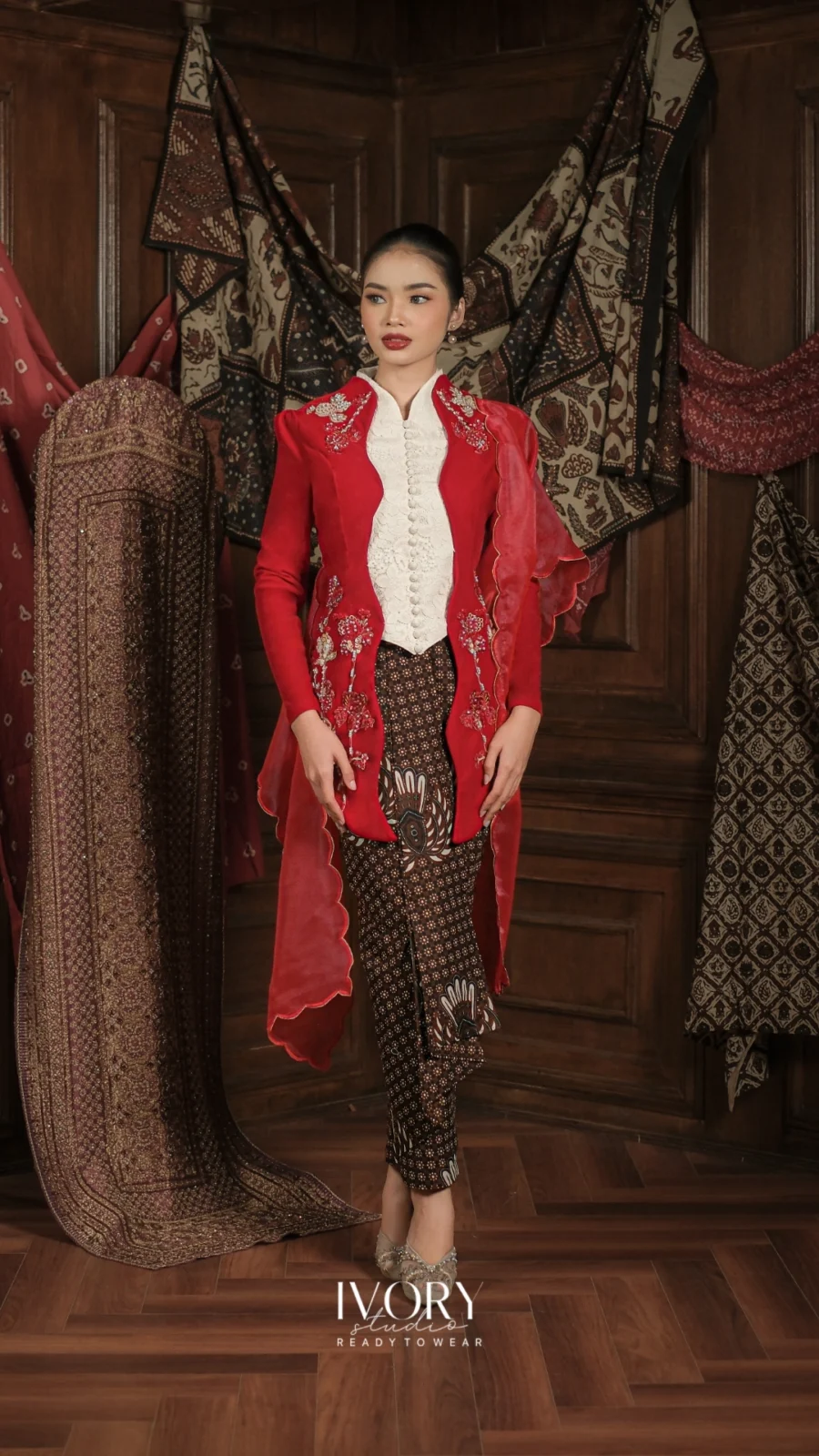 Make Classic Great Again | Bintan Moontide Grace Velvet Kebaya in Pitulas (Cherry Red on White)