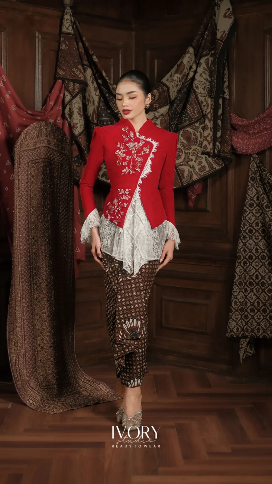 Make Classic Great Again | Pesagi Feather Timber Janggan Kebaya in Pitulas (Cherry Red on White)