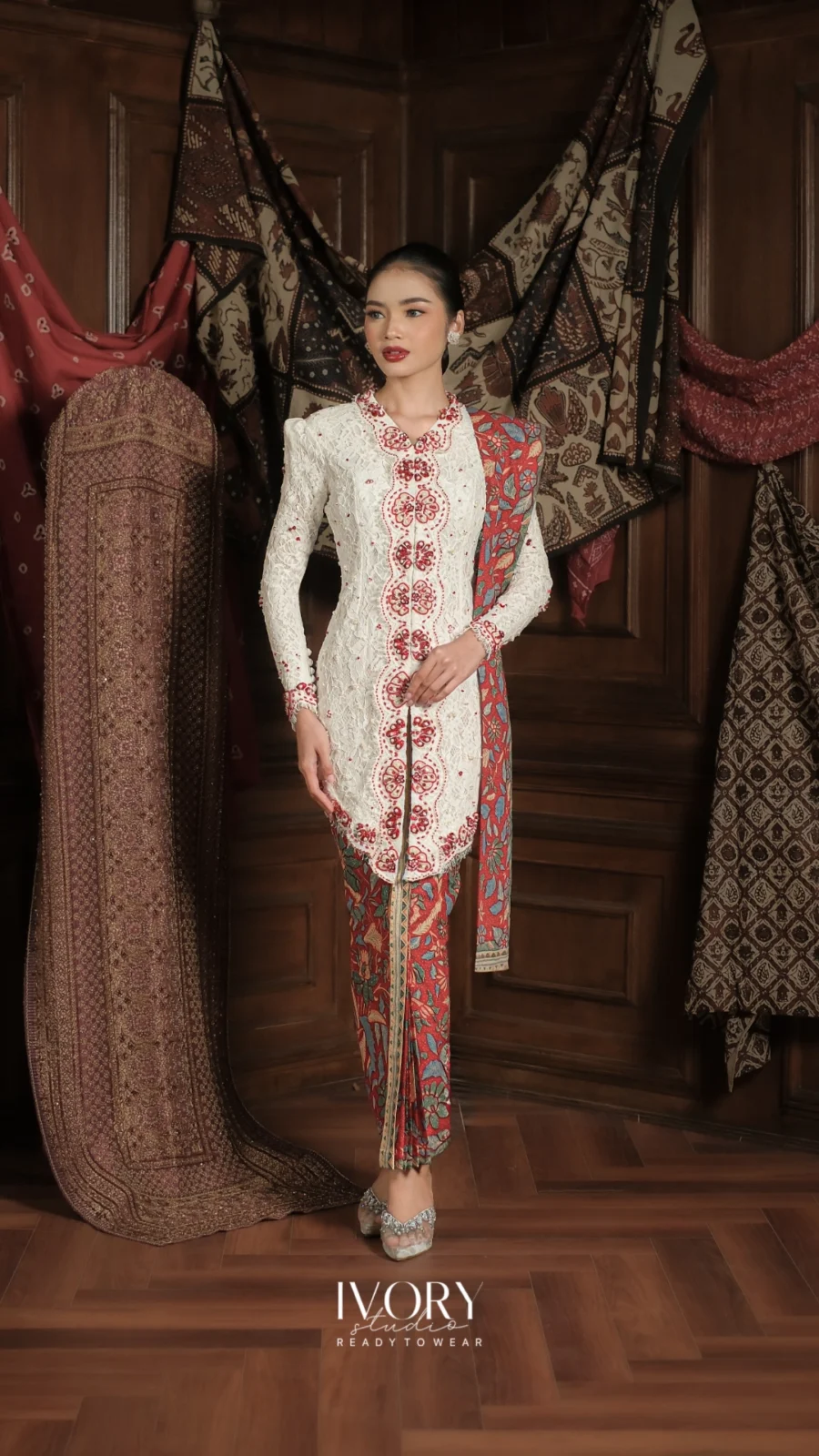 Through the Ages | Sadajiwa Kebaya Kartini in Pitulas (Cherry Red on White)