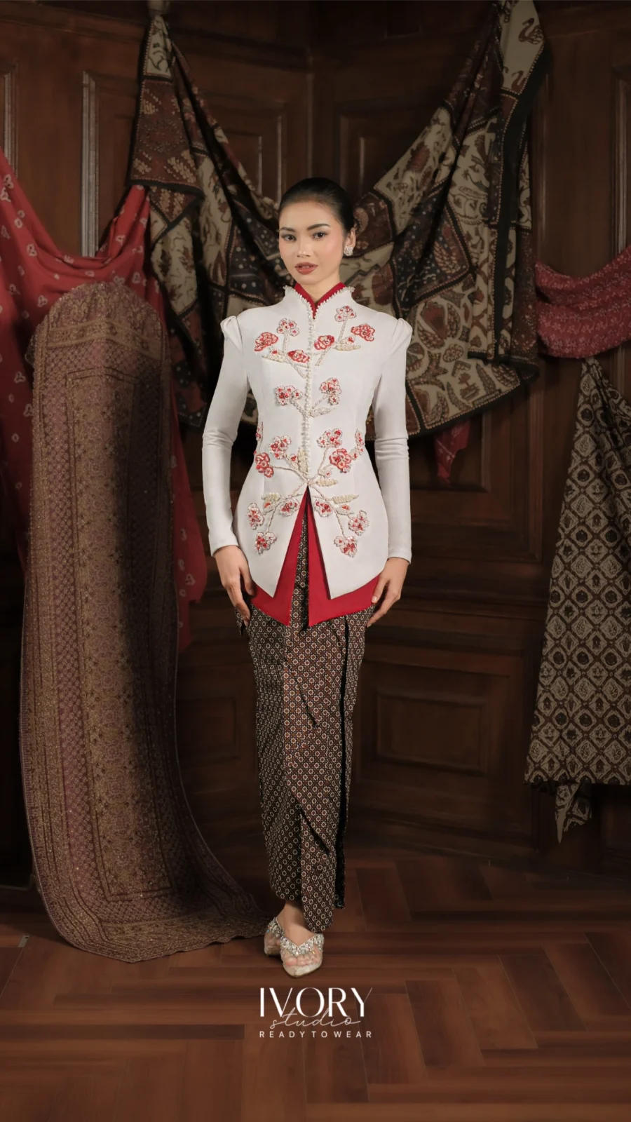Make Classic Great Again | Giri Cotton Fluff Velvet Kebaya in Pitulas (White on Cherry Red)
