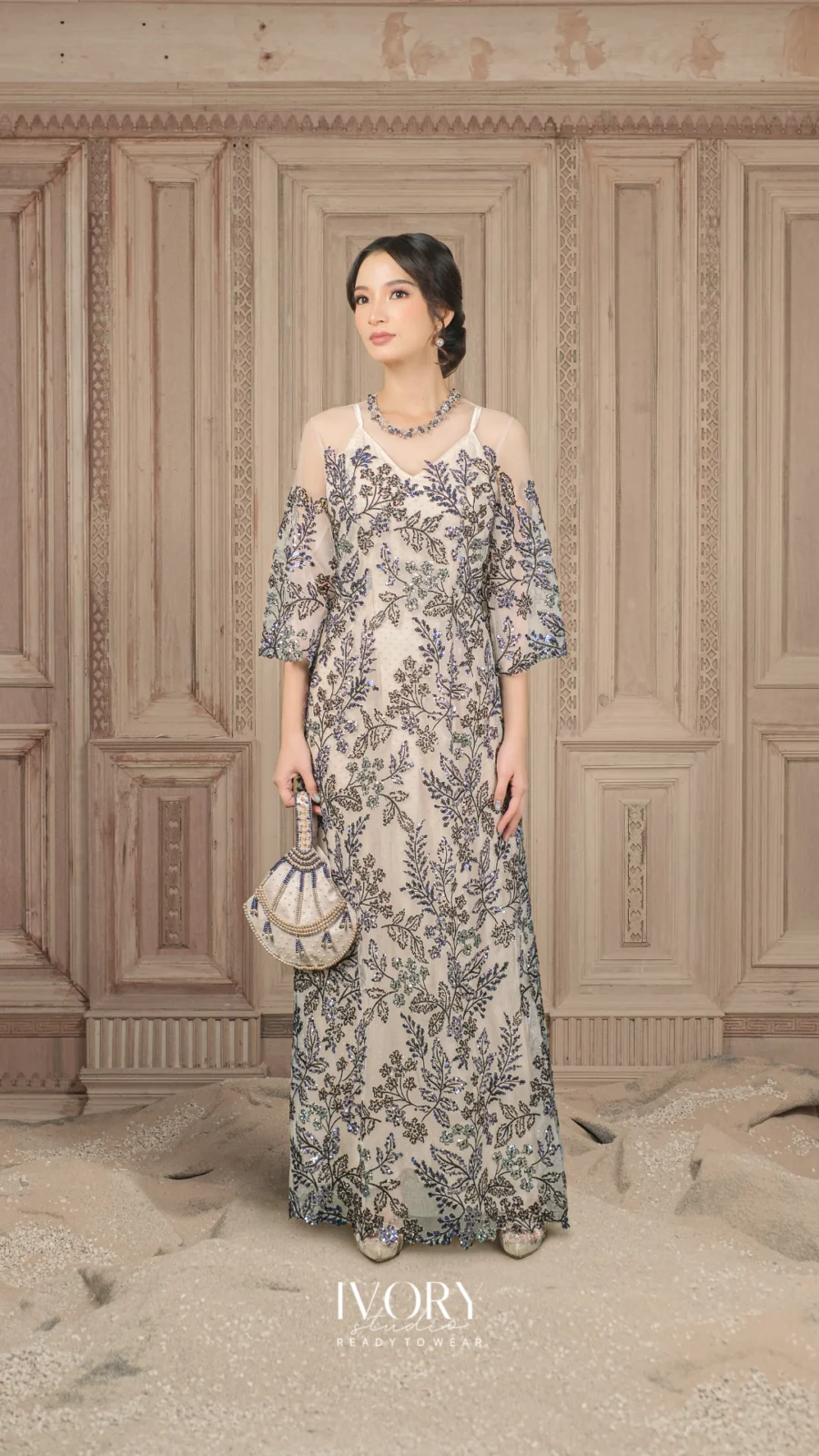 Miles & Moments  Thea of the Forest Dress in Navy on Beige